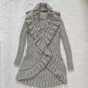 John Fashion Small Open Front Draped Gray Knitted Ruffle Long Cardigan Sweater